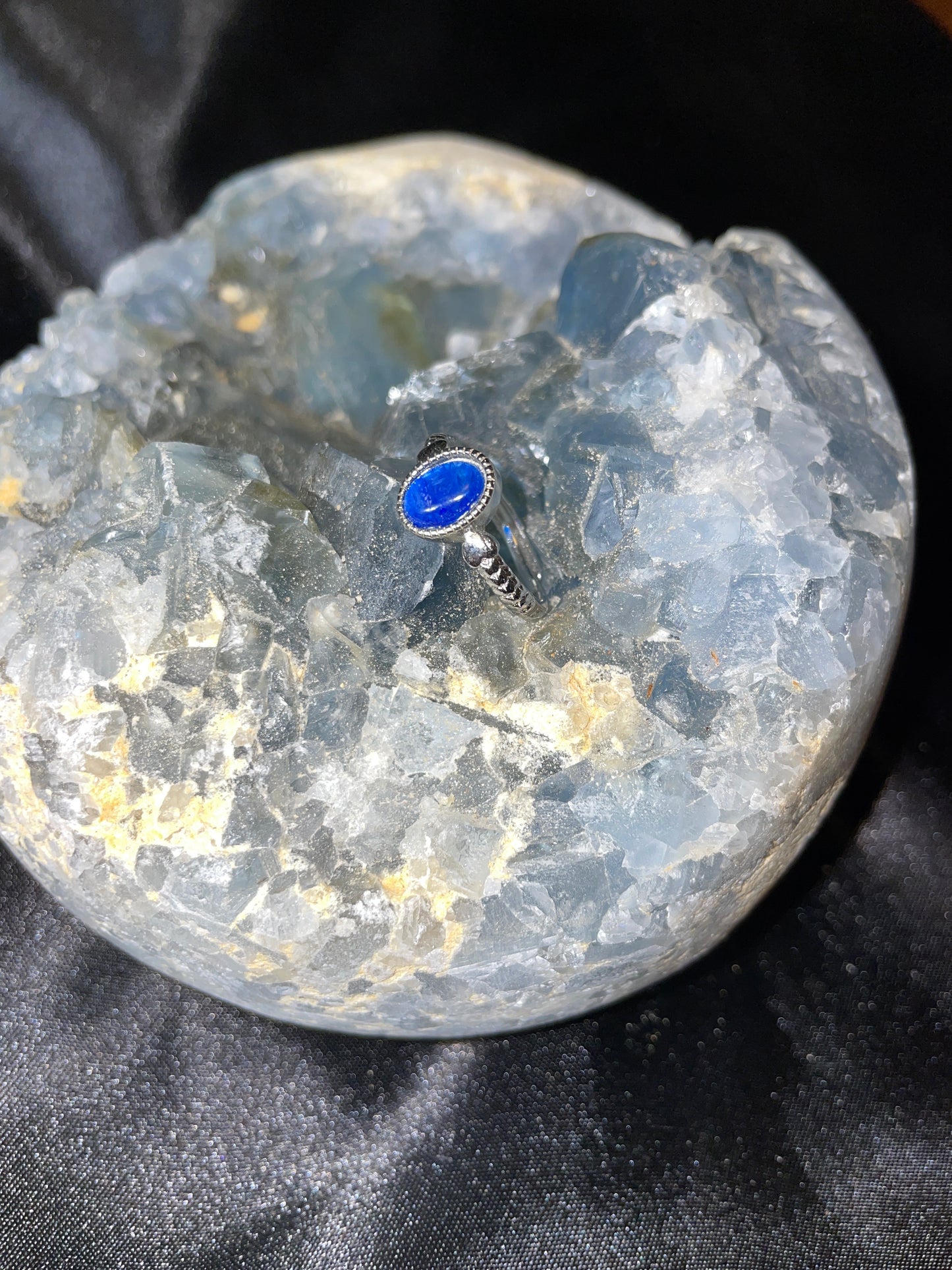 Blue smelted quartz adjustable ring