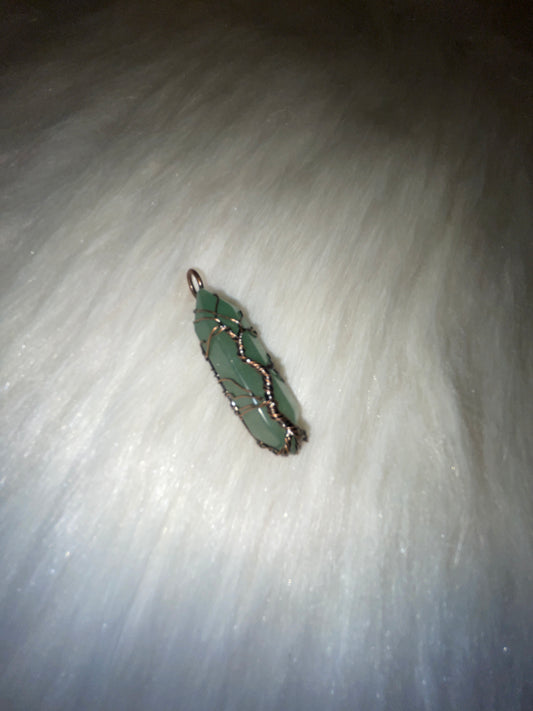 Wired wrapped green aventurine pendent copper tone