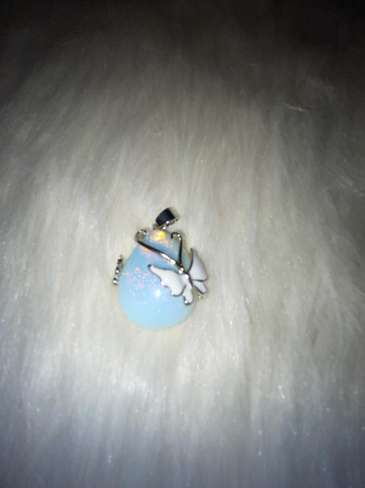 Opalite pendent with butterfly (silver tone)