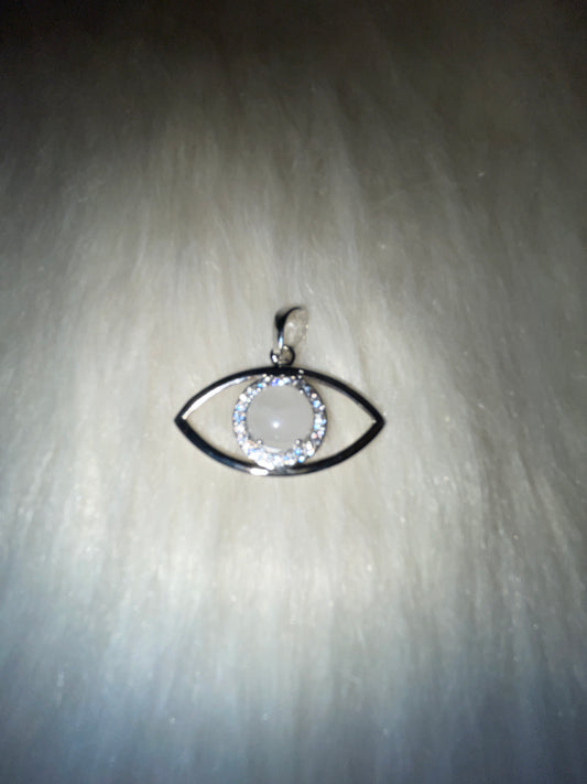 Evil eye silver tone charm with chain ( clear quartz )