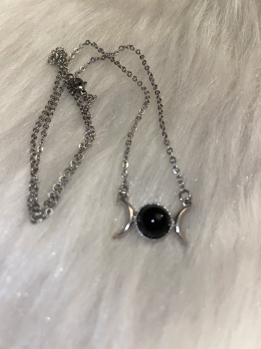 Triple moon necklace with (black obsidian)