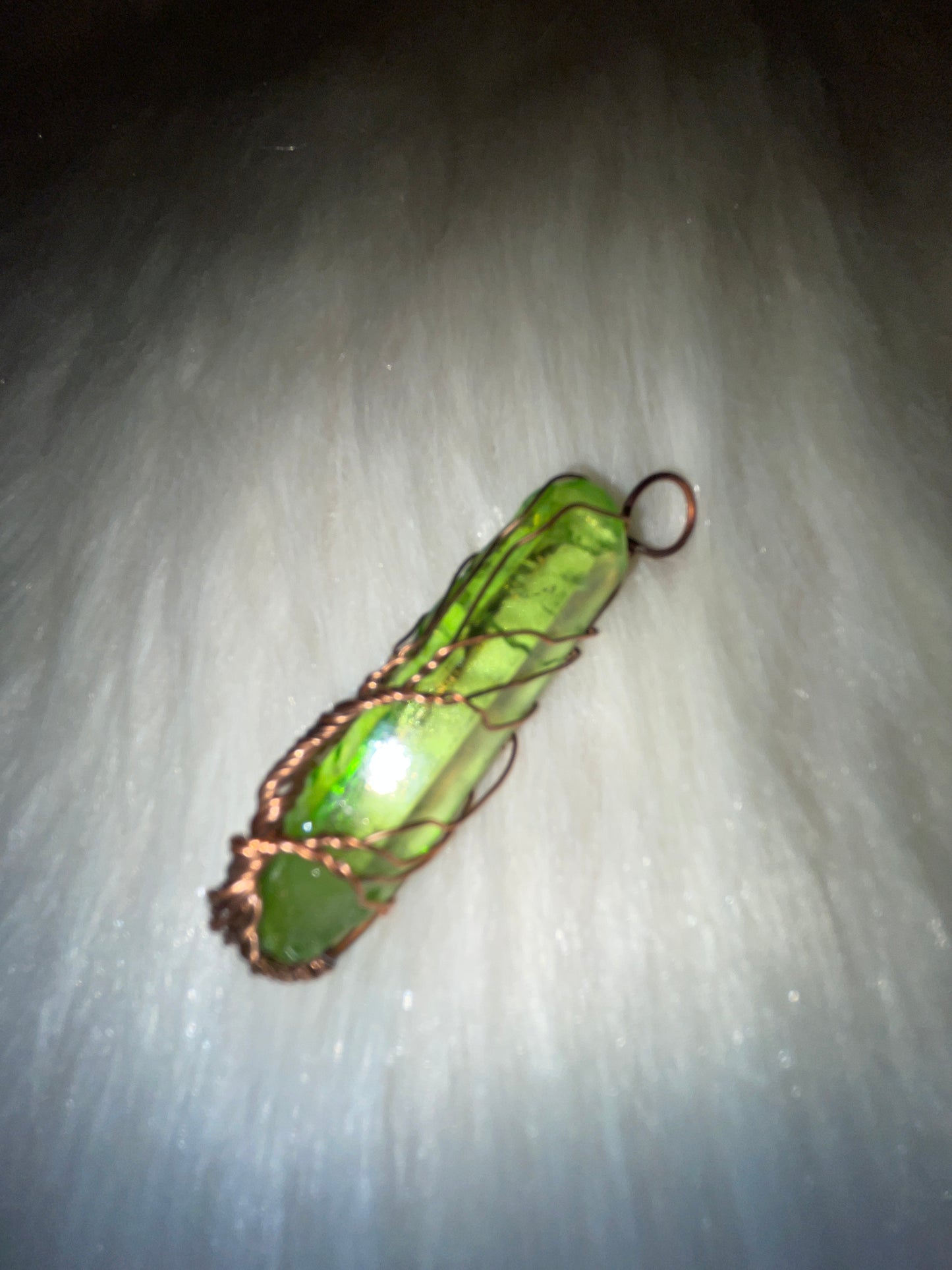 Wired wrapped aura quartz (green) pendents copper tone