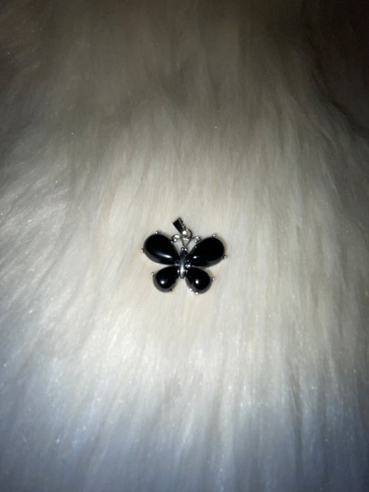 Silvertone butterfly charm (black obsidian)