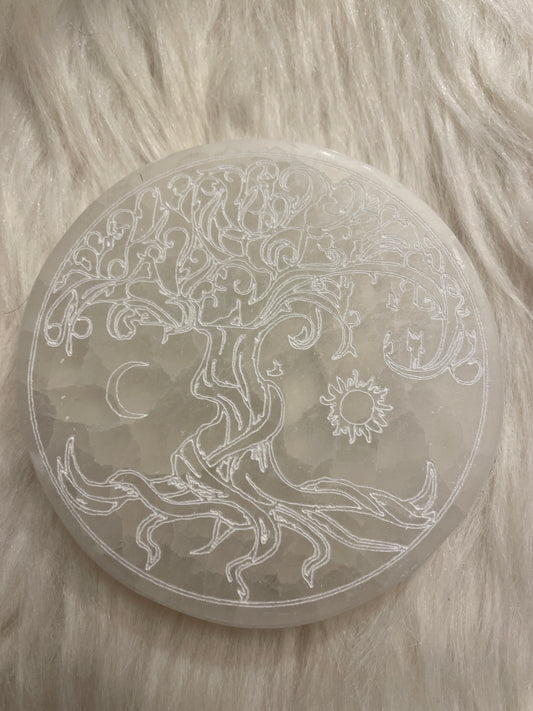 selenite plate with carved tree of life